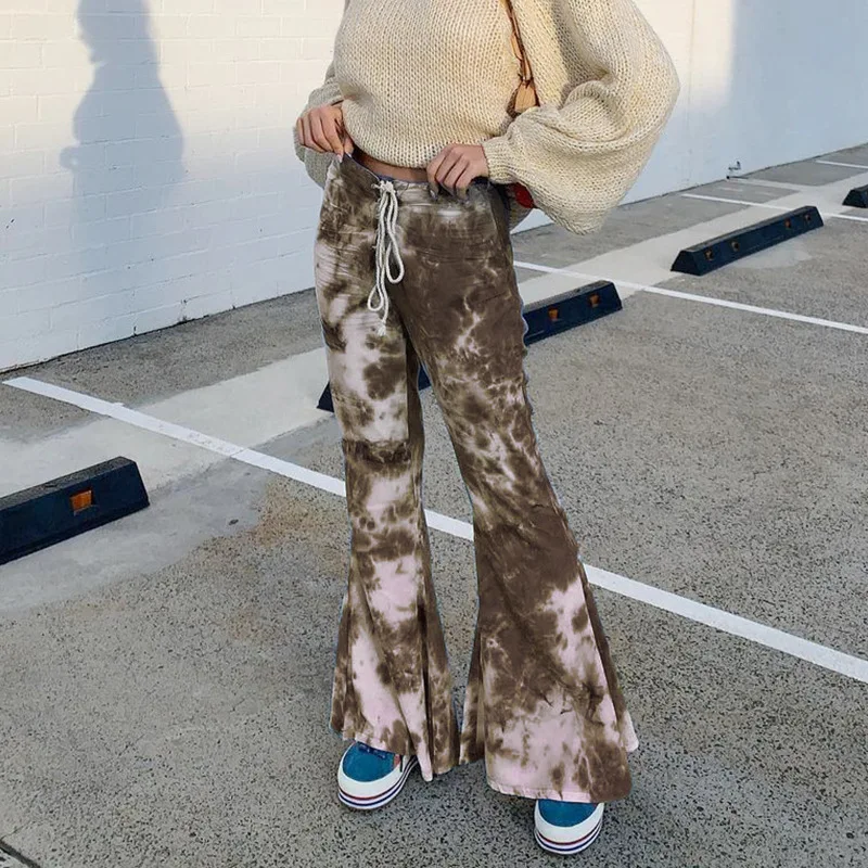Women Elastic Drawstring High Waist Wide Hem Pants 2024 Bell-Bottom Stylish Tie-Dye Flare Loose Trousers for Female Streetwear