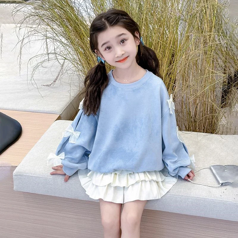 Girls Sweet Sweatshirt Spring Bow Tops Autumn New Fashion Cute Pullover Children Long Sleeve Casual Clothes 3-14 Years Old