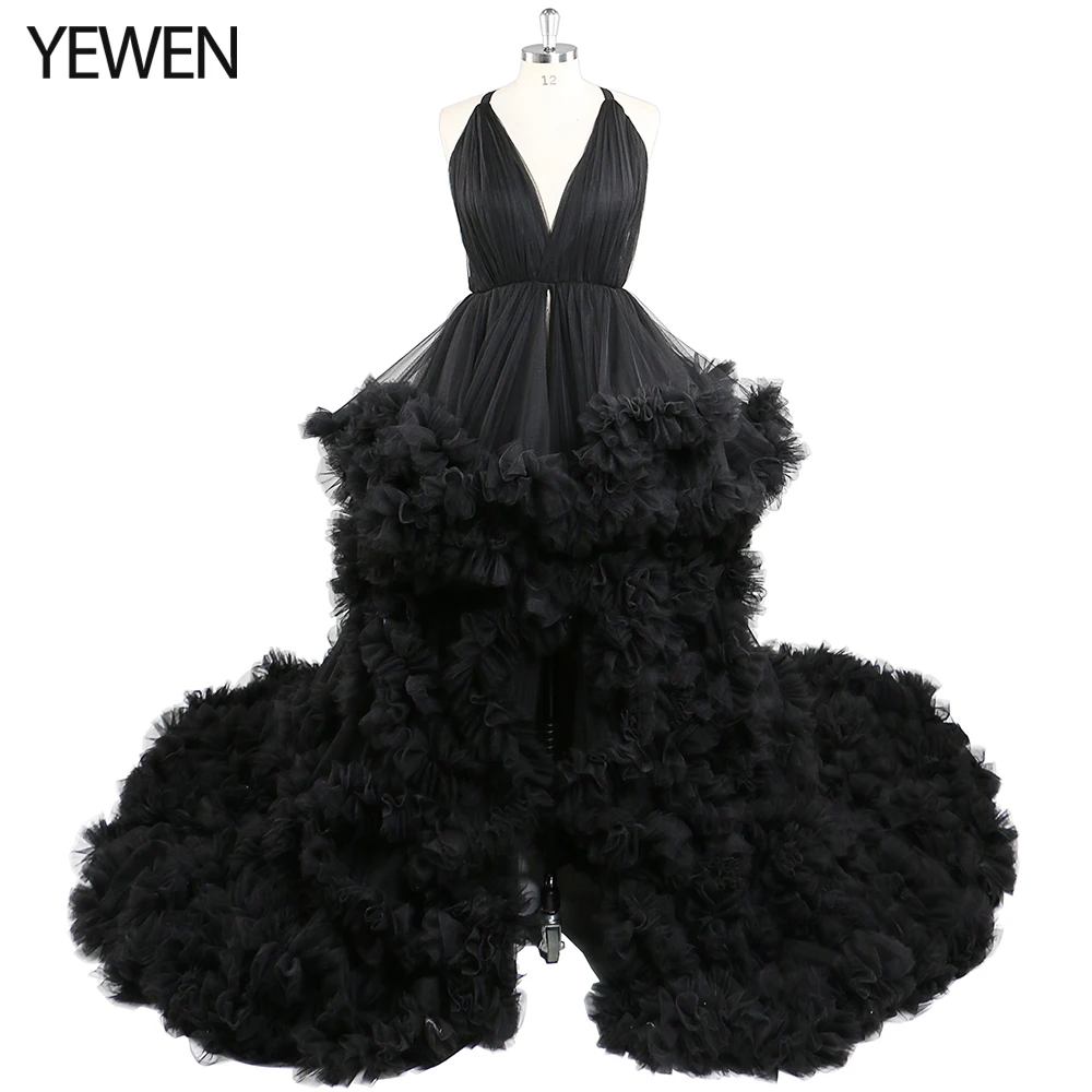

Black Ruffles V Neck Evening Gowns Outdoor Wedding Party Wear Photo Shoot Dress Cross Lace Up YW220516