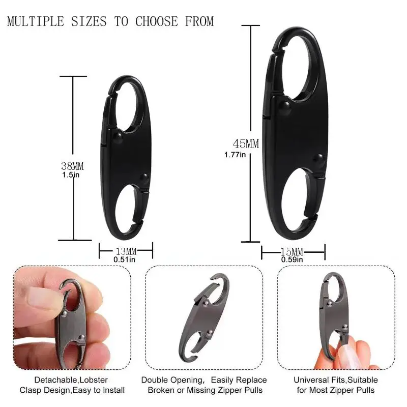 2Pcs 지퍼 클립 도난 방지 더블 오프닝 지퍼 풀 교체 분리형 지퍼 커넥터 지퍼 잠금 Carabiner 클립
