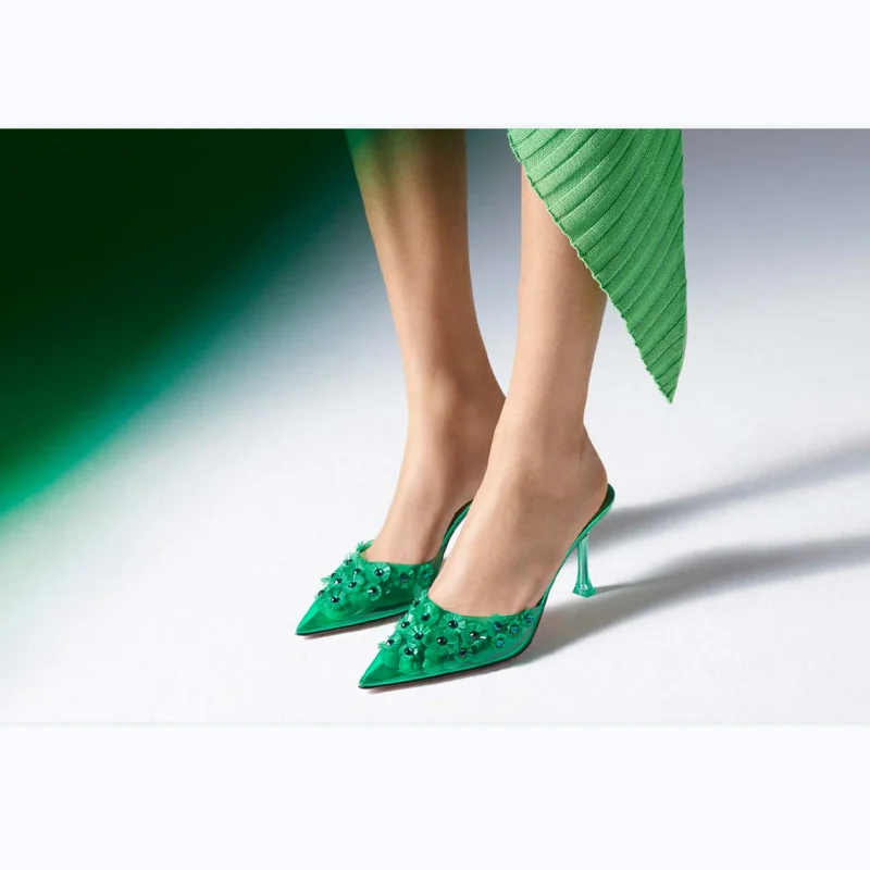 

2022 New Women Shoes Elegant Sun Yellow PVC Mules Gem Embellished Pointed Toe Transparent Heel Slip on Slippers Sandals Sale