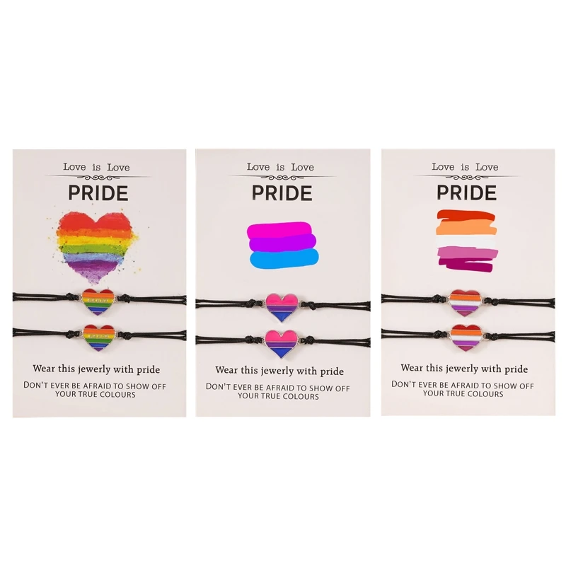 

2x Heart Charm Bracelet For Couple Friendship Rainbow Color Pendant Rope Chain Bracelet Bangle Women Men Lucky Jewelry