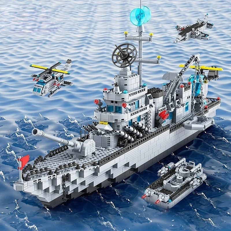 1560pcs 6 IN 1 Military Navy Ship Sets Building Blocks War Army Boat Plane Model