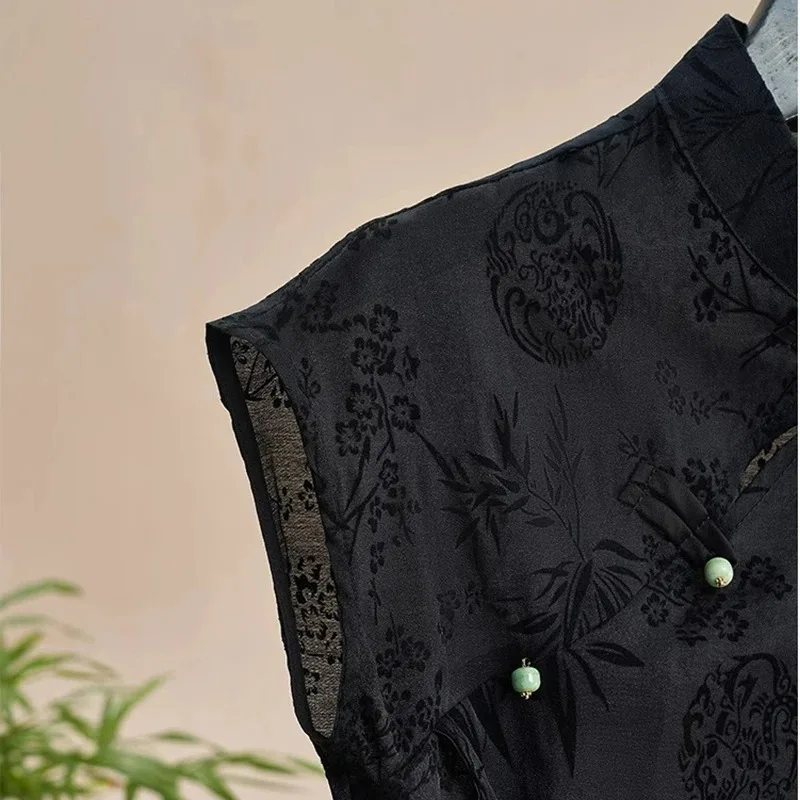 French new Chinese style cheongsam top satin jacquard shoulder short-sleeved T-shirt women new summer retro 5