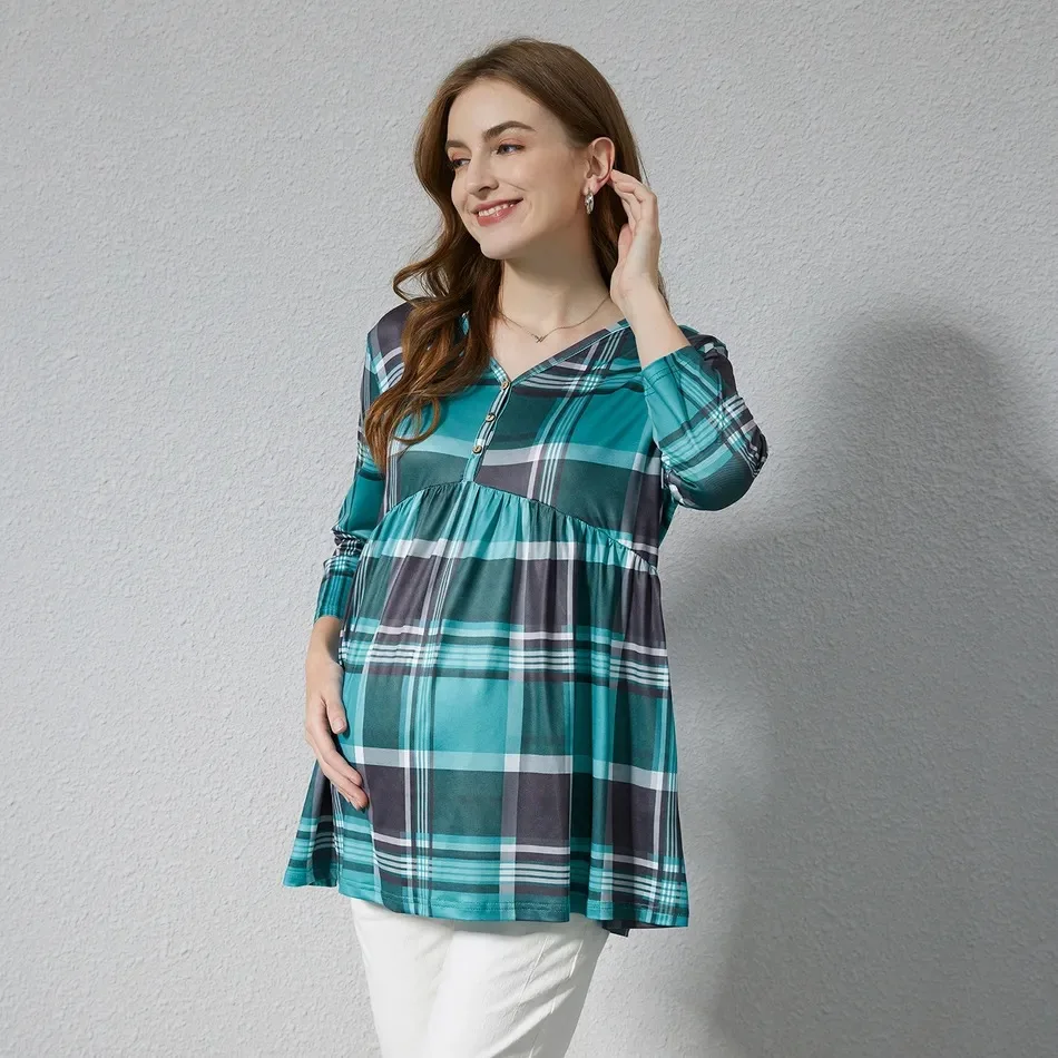 

Maternity Tops Womens Maternity Tee Shirts V Neck Grid Adjustable Side-Tie Nursing Blouse Pregnancy Tops Pregnant Woman
