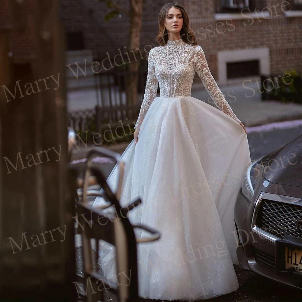 

Boho Luxurious Exquisite A Line Women's Wedding Dresses Vintage Lace Appliques Bride Gowns High Neck Long Sleeve Robe De Mariée