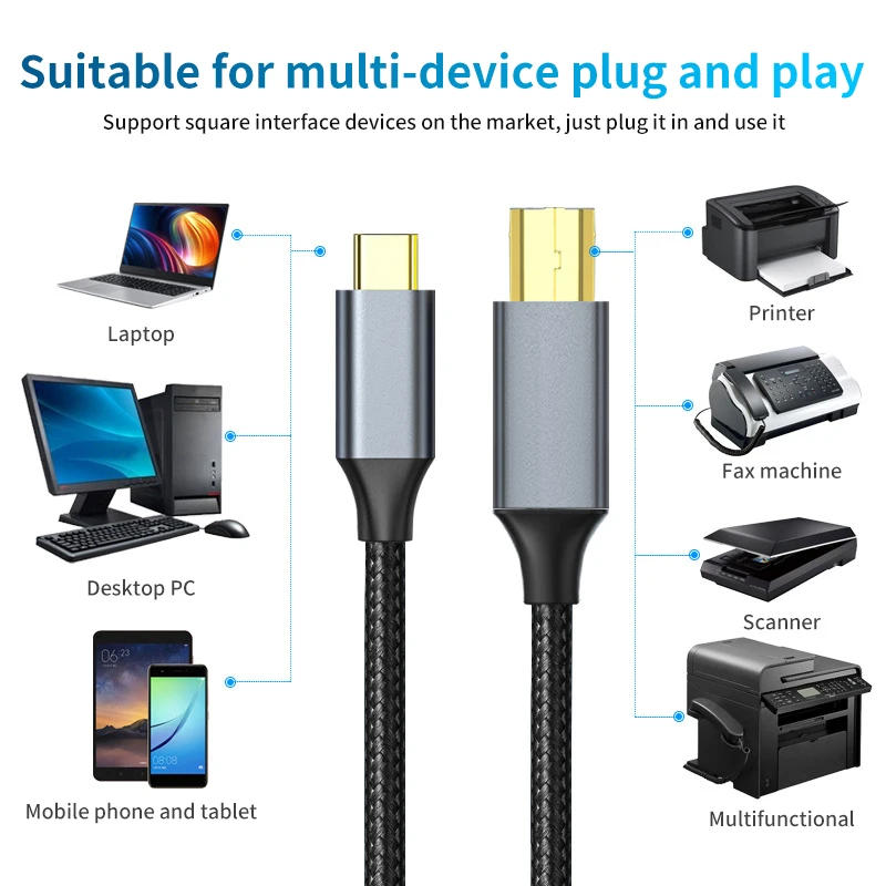 Câble d'imprimante USB C vers USB B 2.0, télécopieur, EAU, adaptateur d'orgue électronique, type C vers USB B, câble pour téléphone, ordinateur portable, MacPle
