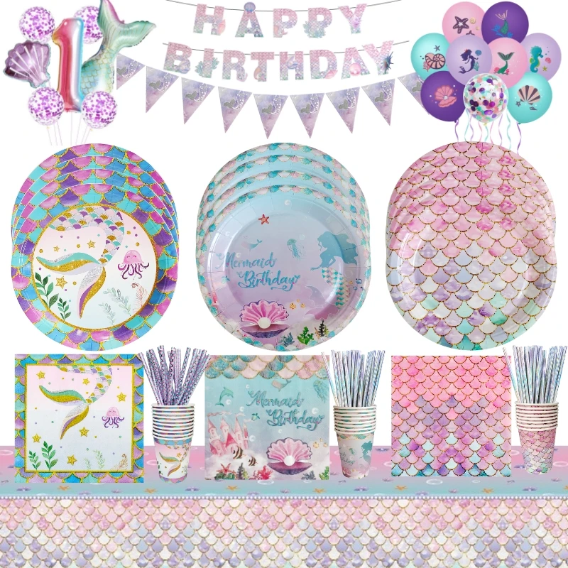 

Little Mermaid disposable party cutlery plates cup tablecloth pull flag balloons Decorate party suppliescoration