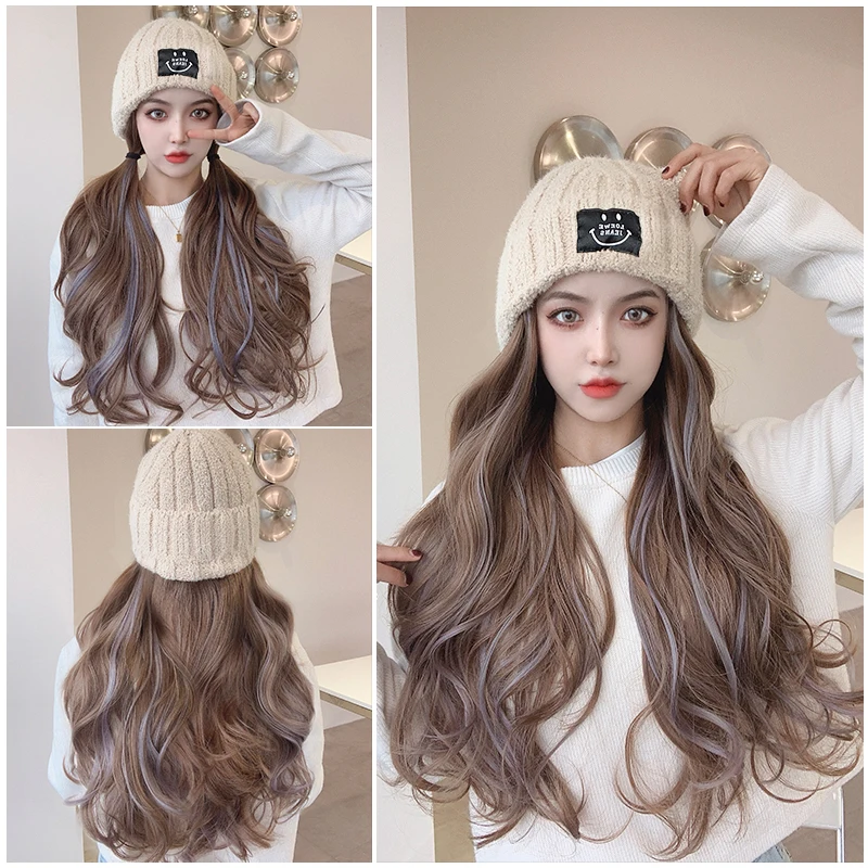 Hat wig long curly hair big waves smiling face logo knitted hat wig one-piece dyed fog blue hanging ear dye wig