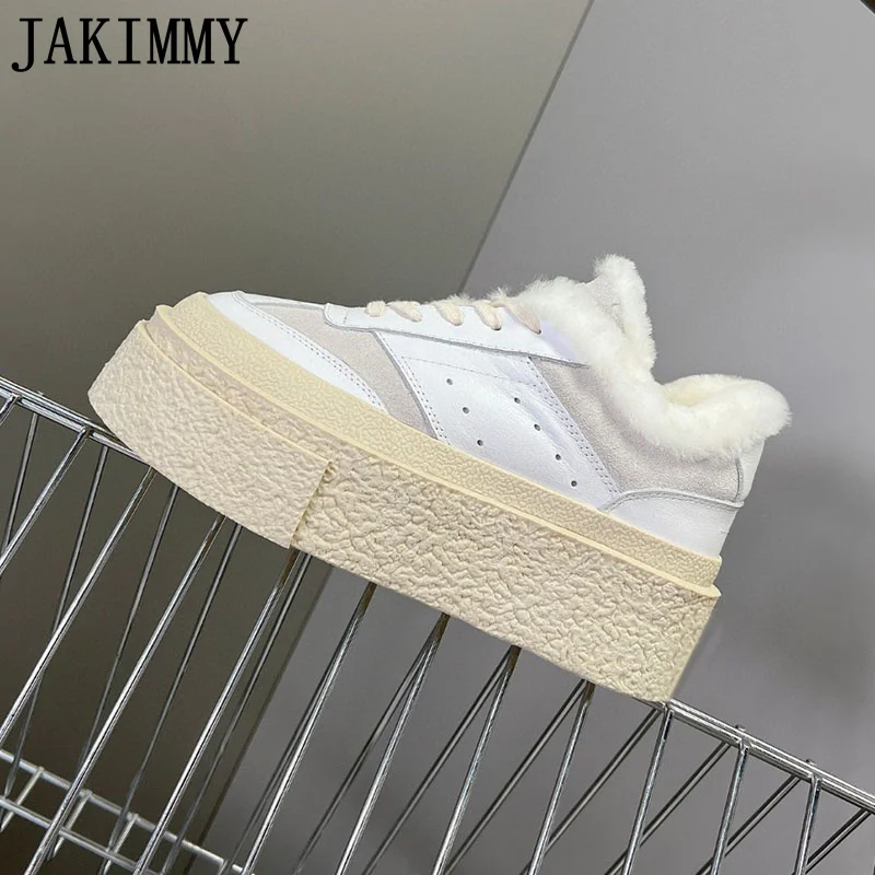 

Round Toe Ventilate Leather Patchwork Sneakers Women Thick Sole Wool Lace Up Walking Shoes Autumn Casual Comfort Vacation Shoes