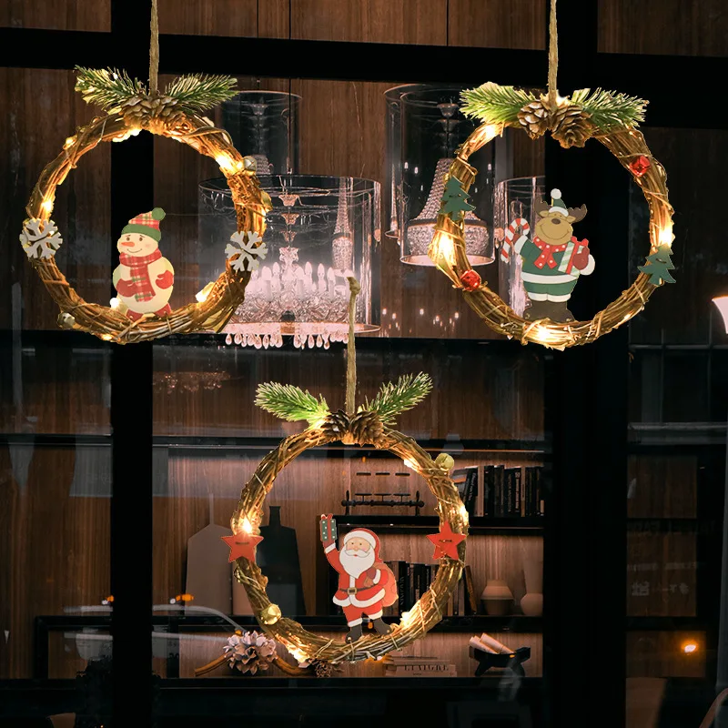 Christmas Wreath Old Man Snowman Window Door Knocker Christmas Tree Pendant Christmas Atmosphere Decoration Light String