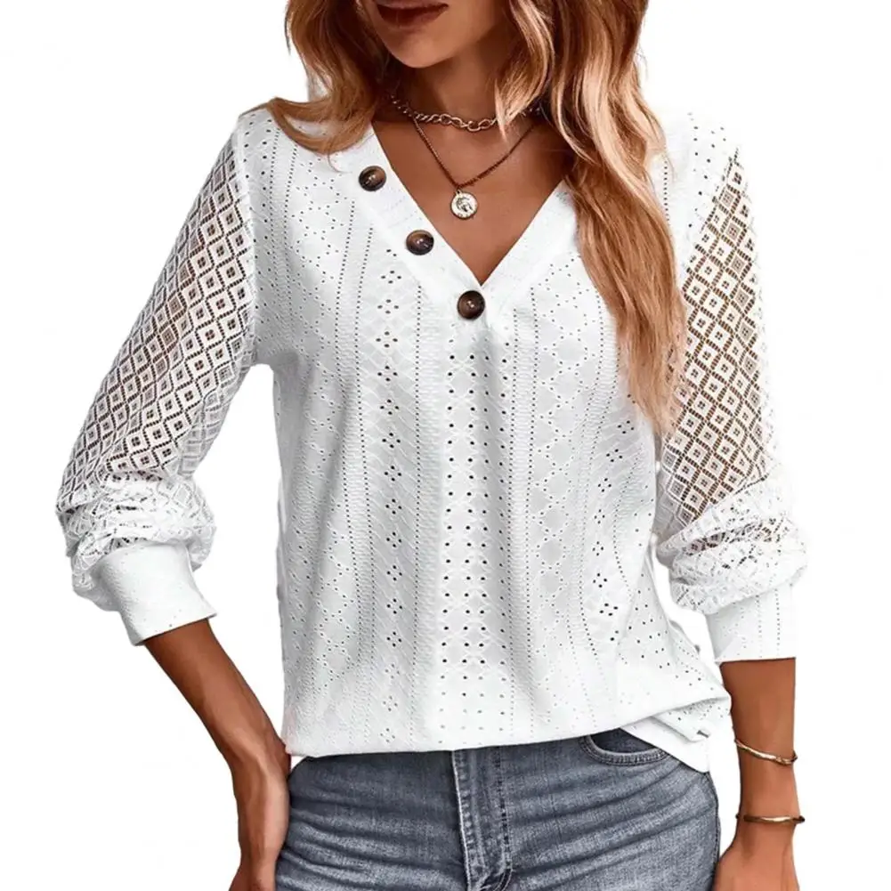 

Soft Fall Top Chic Lace Hollow Out V Neck Blouse Elegant Women's Fall/spring Top with Soft Button Decor Breathable Rhombus