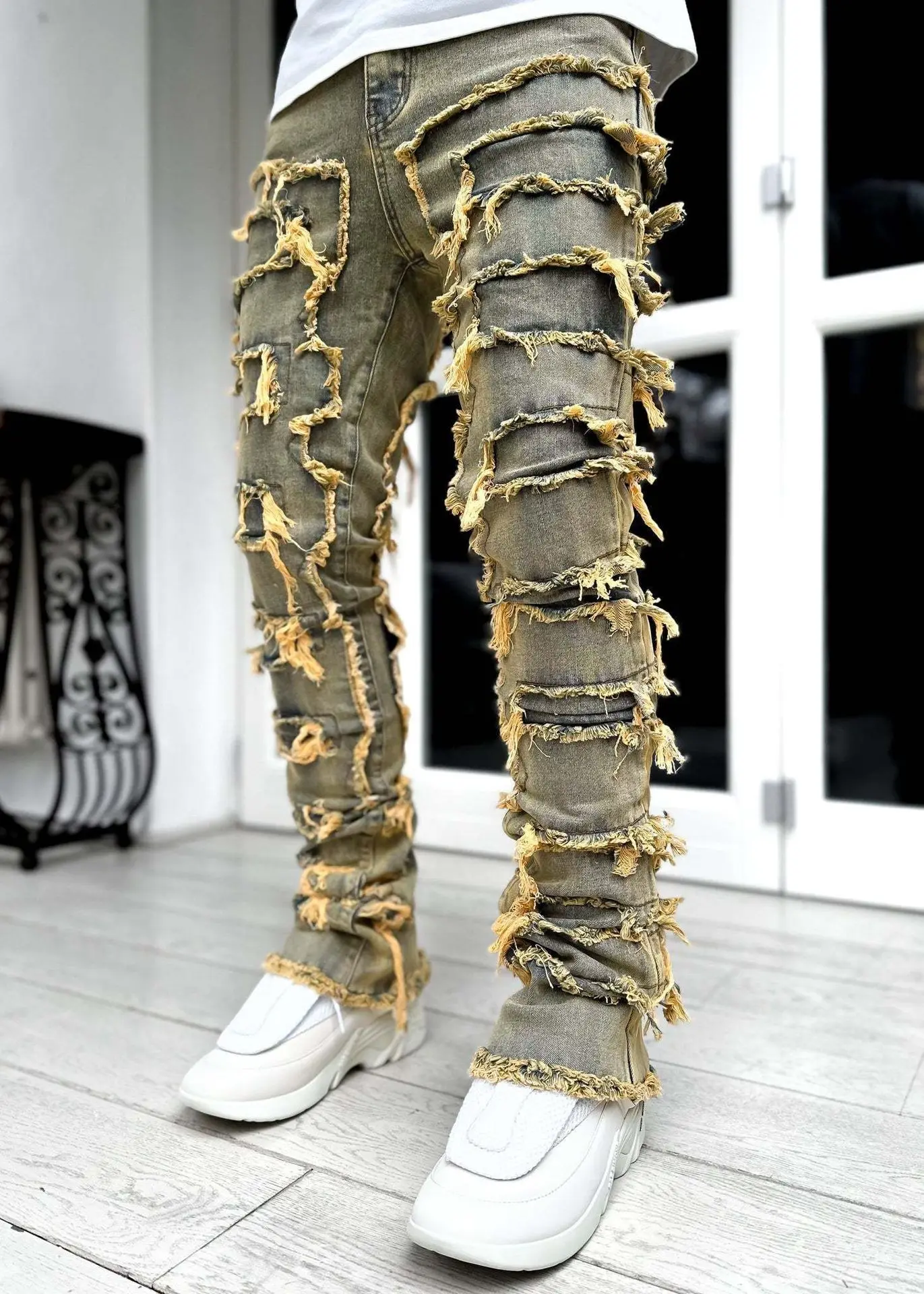 Adjustable waistband contrast patchworks patns: DENIM MULTI / M