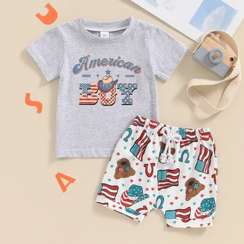 0-3Y Toddler Baby Boy 4th of July Outfits Short Sleeve Tops + Cow Print Shorts Set Western Clothes 2
