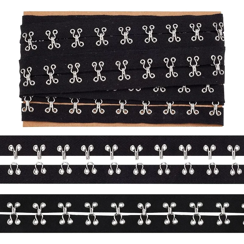 Hook and Eye Tape 3 Yards 1" Wide Black Cotton Tape Ribbon Silver Metal Edging for Corset Bra Sewing Quilting Bridal