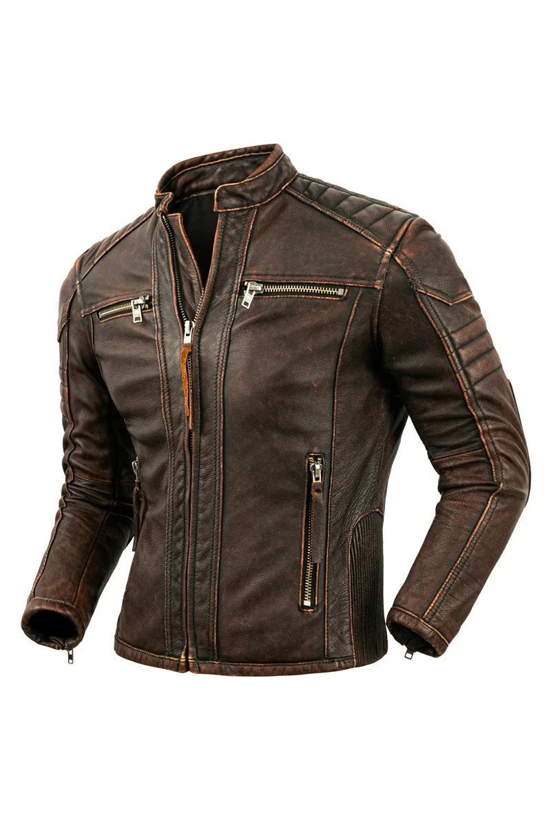 Men's Natural Leather Jacket First Layer Calfskin Stand Collar Motorcycle Jacket Retro Brown Cowhide Biker Clothes men leather jacket