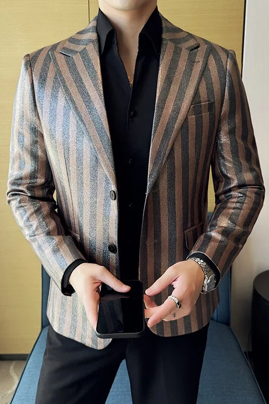 Striped Suede Suit Jacket Men Slim Fit Casual Business Blazers Korean Version Wedding Banquet Formal Jacket