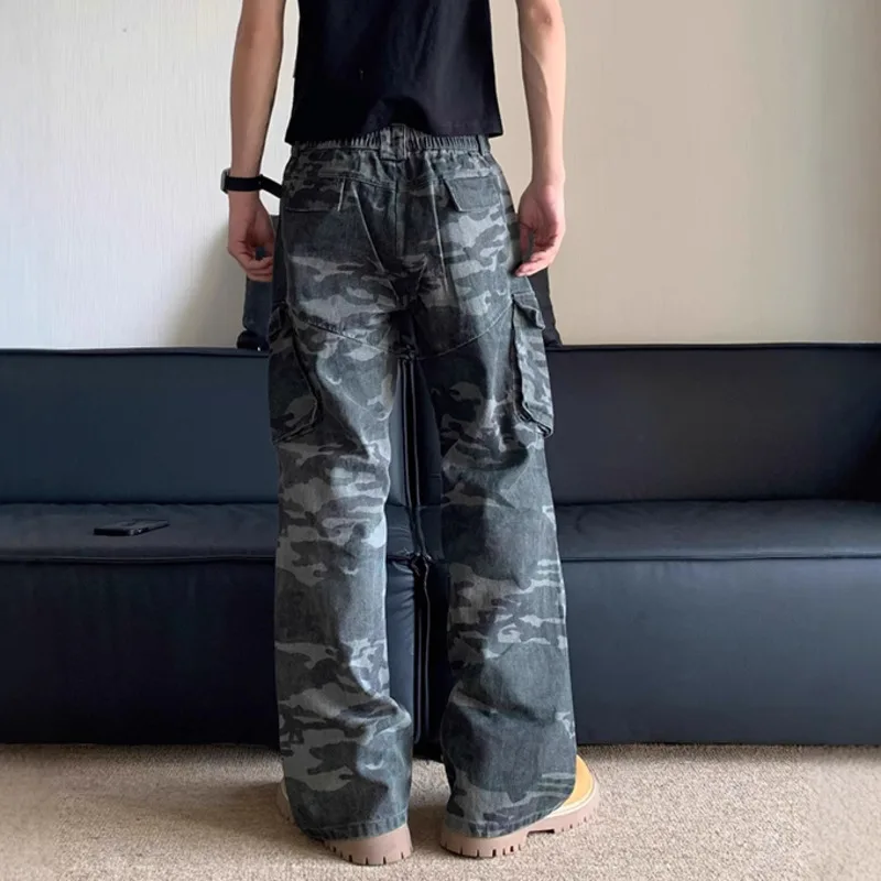 IEFB High Style Men's Denim Pants Pleated Camouflage Cargo Slant Pocket Jeans Loose Straight Wide Leg Male Trousers Tide 9C8607 2