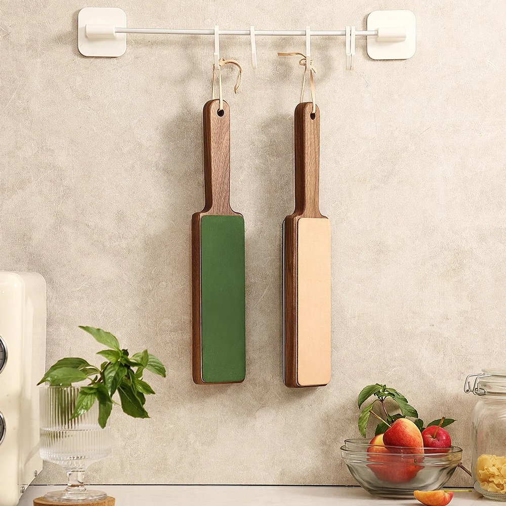 XINZUO 양면 가죽 숫돌, 야채 무두질 소가죽 나무 손잡이, 광택제 가죽 손잡이, 칼용 블록, 1 개