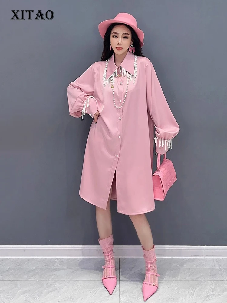 

XITAO Beading Tassel Female Shirt Dress Fashion Long Sleeve Casual Simplicity Temperament Shirt Dress Spring New Women LYD1587