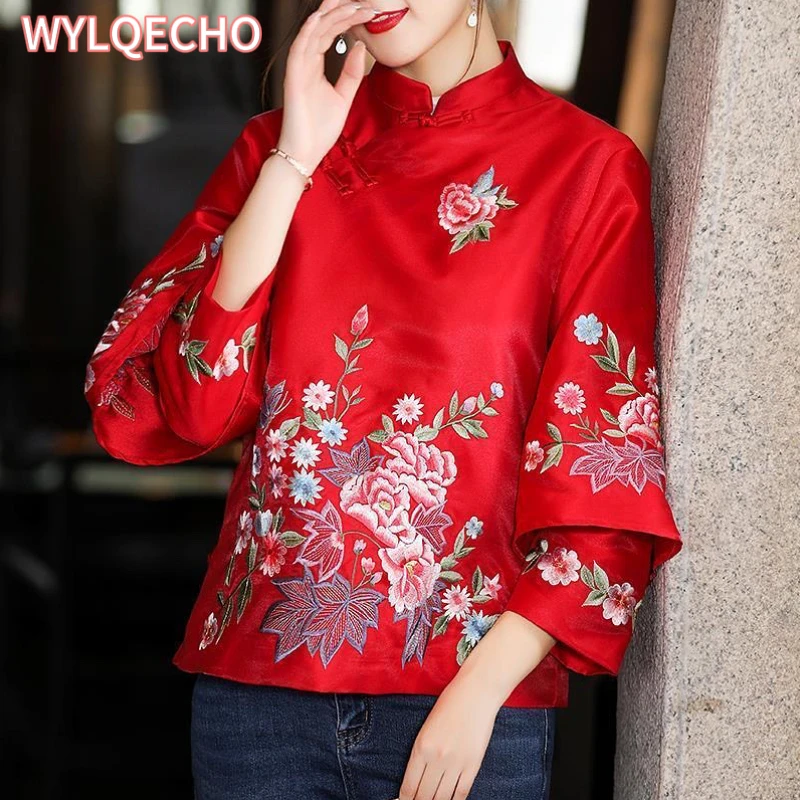 Autumn Ethnic Style Tang Suit Coat Vintage Harajuku Embroidery Chinese Tops Women Large Size Blouse Elegant Loose Female Shirt