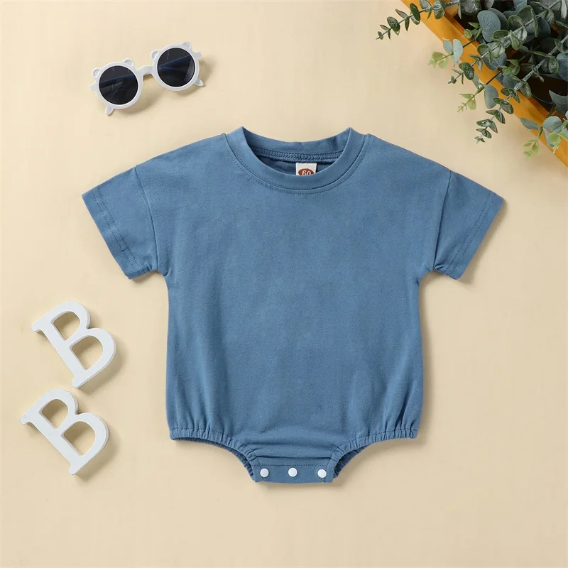 

Infant Baby Girl Summer Solid Colour Round Neck Short Sleeve Elastic Jumper Outfit Clothes Pullover T-shirt Romper Set