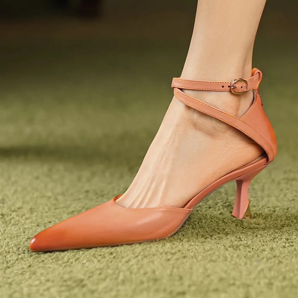 

Women's cow leather thin high heel ankle strap pointed toe sandals elegant ladies evening dress pumps high quality summer shoes