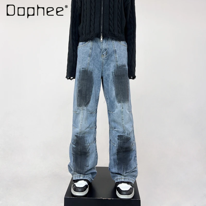 

Spring Retro Distressed Printed Straight Jeans Woman Baggy 2024 New American Men and Women All-Matching Wide Leg Denim Pants