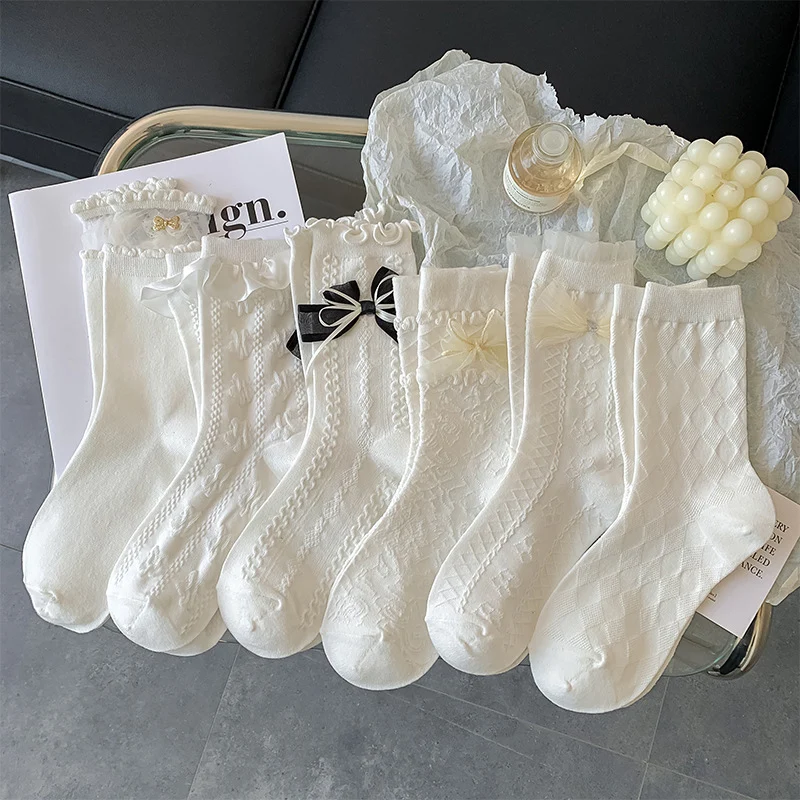 Lolita Lace White Socks Women JK Bow Frilly Socks Female Sweet Long Cotton Socks Girls  Ankle Dress Calcetine Medias