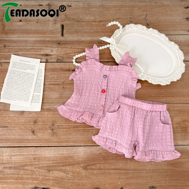

2024 Summer Kids Baby Girls Sling Ruched Pleat 3D Flower Top Vest+Shorts Pants Infant Toddler Cotton Clothes 2Pcs Set 아동복 0-3Y