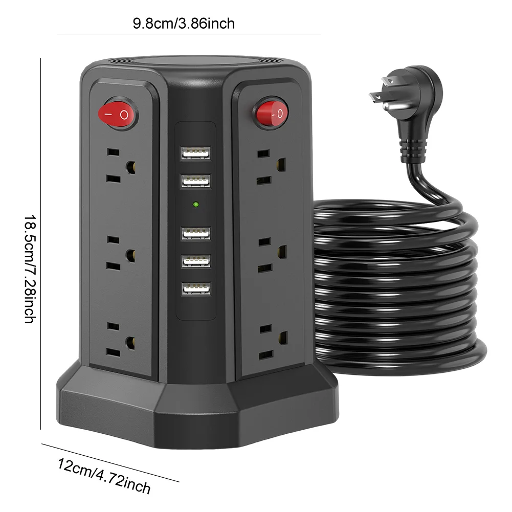 미국형 멀티탭 12구 콘센트 5개 USB 포트 포함 1250W 10A 범용 소켓 1.8m 연장 코드 가정 및 사무실용