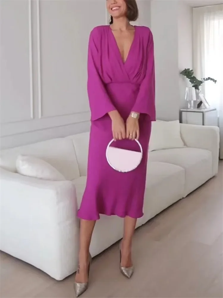 

Women Solid Pleated Cross V Neck Loose Dress Fashion Waist Retraction Long Sleeve Dresses Female Temperament Club Party Vestidos