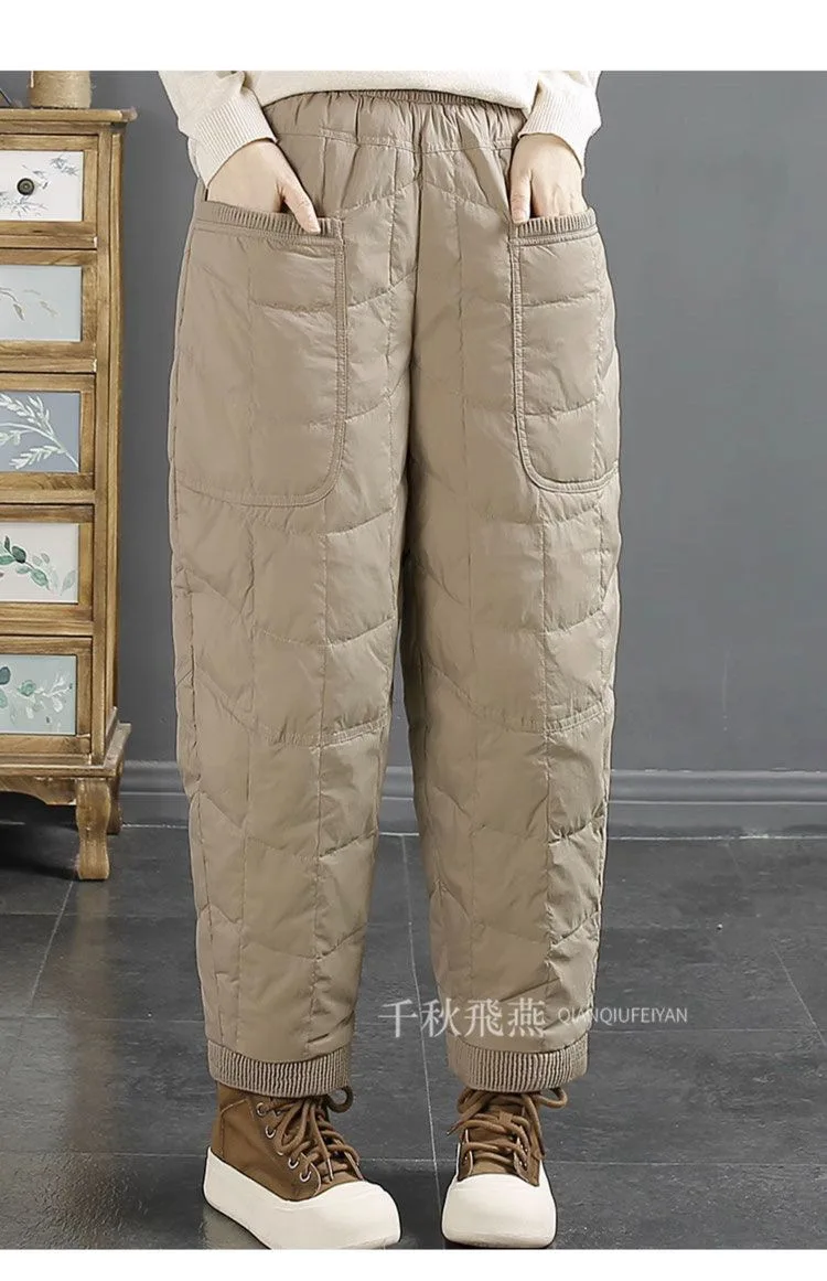 2023 New Lingge Down Cotton Pants for Women's Winter Art Retro Solid Color Casual Pants for Women