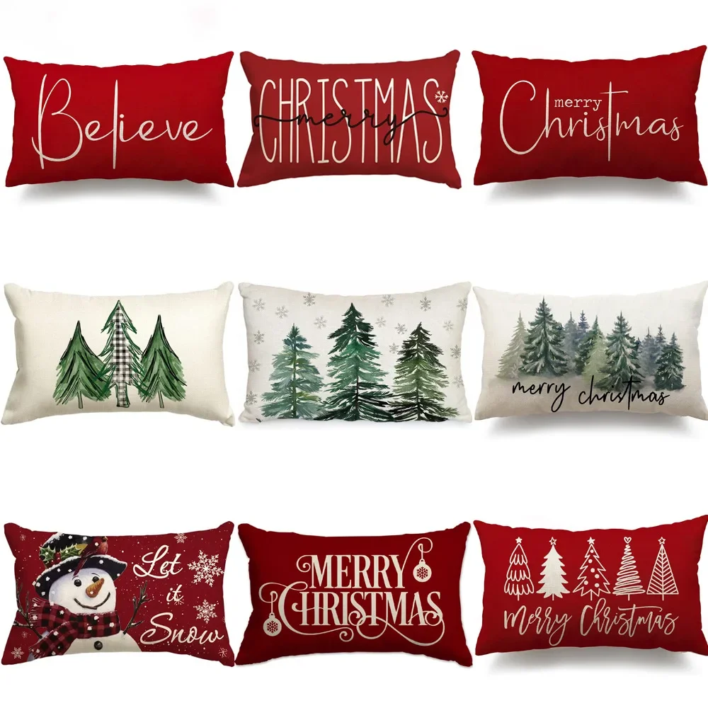 4 Housses De Coussin Noël 40x40 Cm - Motifs Sapins, Rennes - Tissu Imitation Lin - Pour Canapé Et Déco D'intérieur