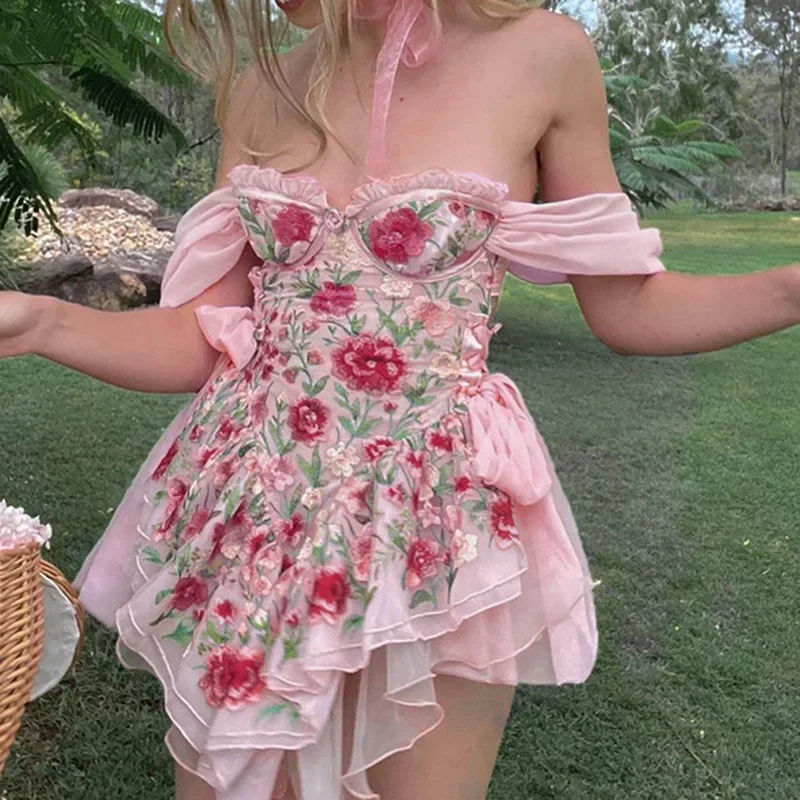 

Fashion Girl Sexy Lace Mesh Print Dress 2024 Summer New Pure Desire Off Shoulder Sweet Pink Dress Holiday Style Short Mini Dress