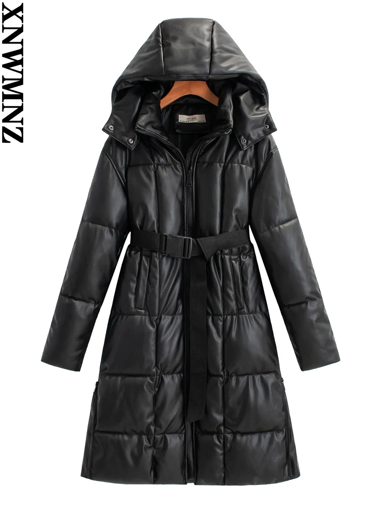 Xnwmnz Woman Faux Leather Thermal Hooded Cotton Long Coat With Belt