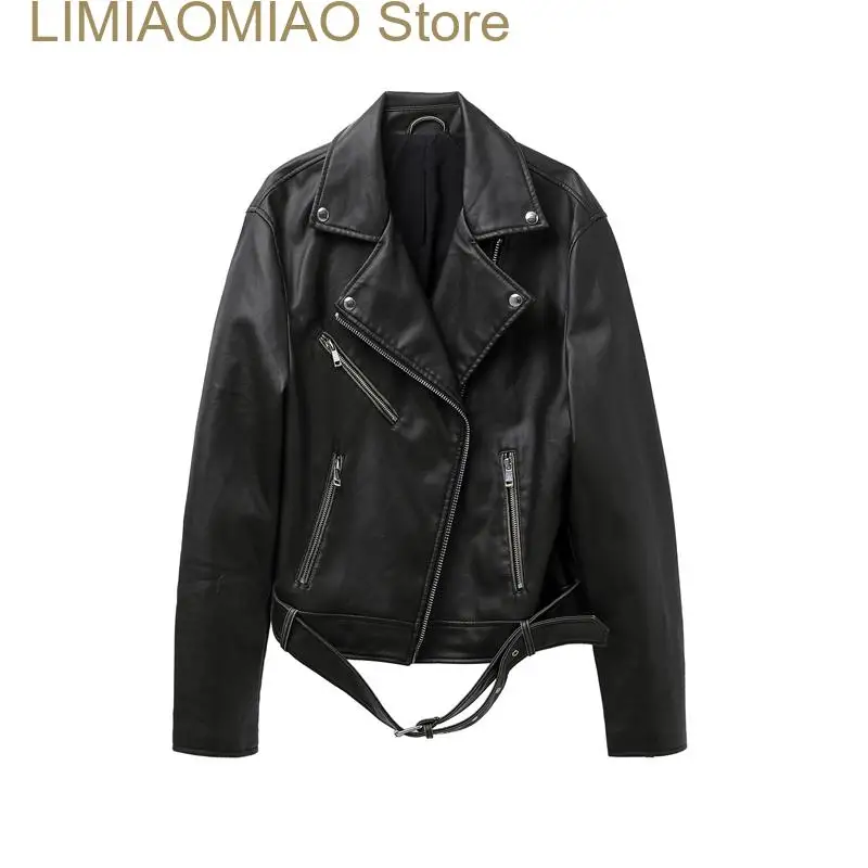 цена Женская винтажная кожаная куртка, черная моющаяся куртка из искусственной кожи в стиле локомотивного типа, пальто для женщин