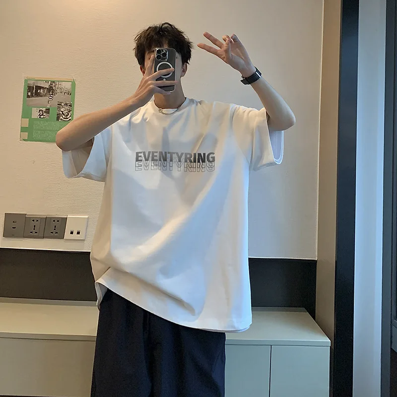 

Heavyweight small neckline T-shirt men summer trendy pure cotton short sleeved American retro three quarter sleeves t shirt y2k
