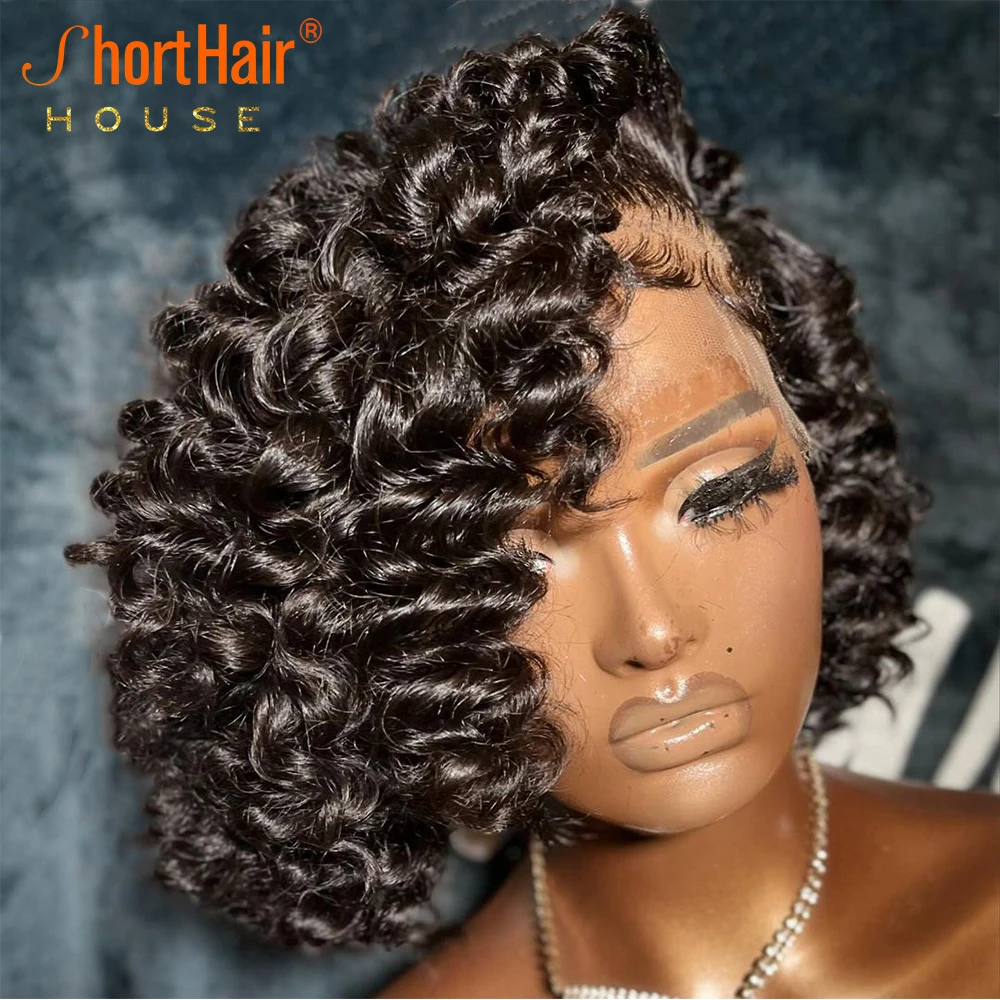 Short Bob Curly Wave Human Hair Wigs With Baby Hair Loose Wave Wigs Brazilian 13x6 Lace Frontal Deep Side Part Bouncy