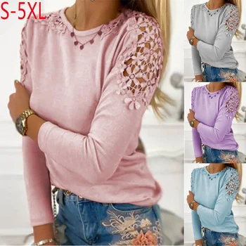 2023 Autumn New Women T-Shirt S-5XL Femme Solid Color Slim Fit Lace Hollow Long Sleeve Top Ladies Soft Lightweight Casual Blouse 1