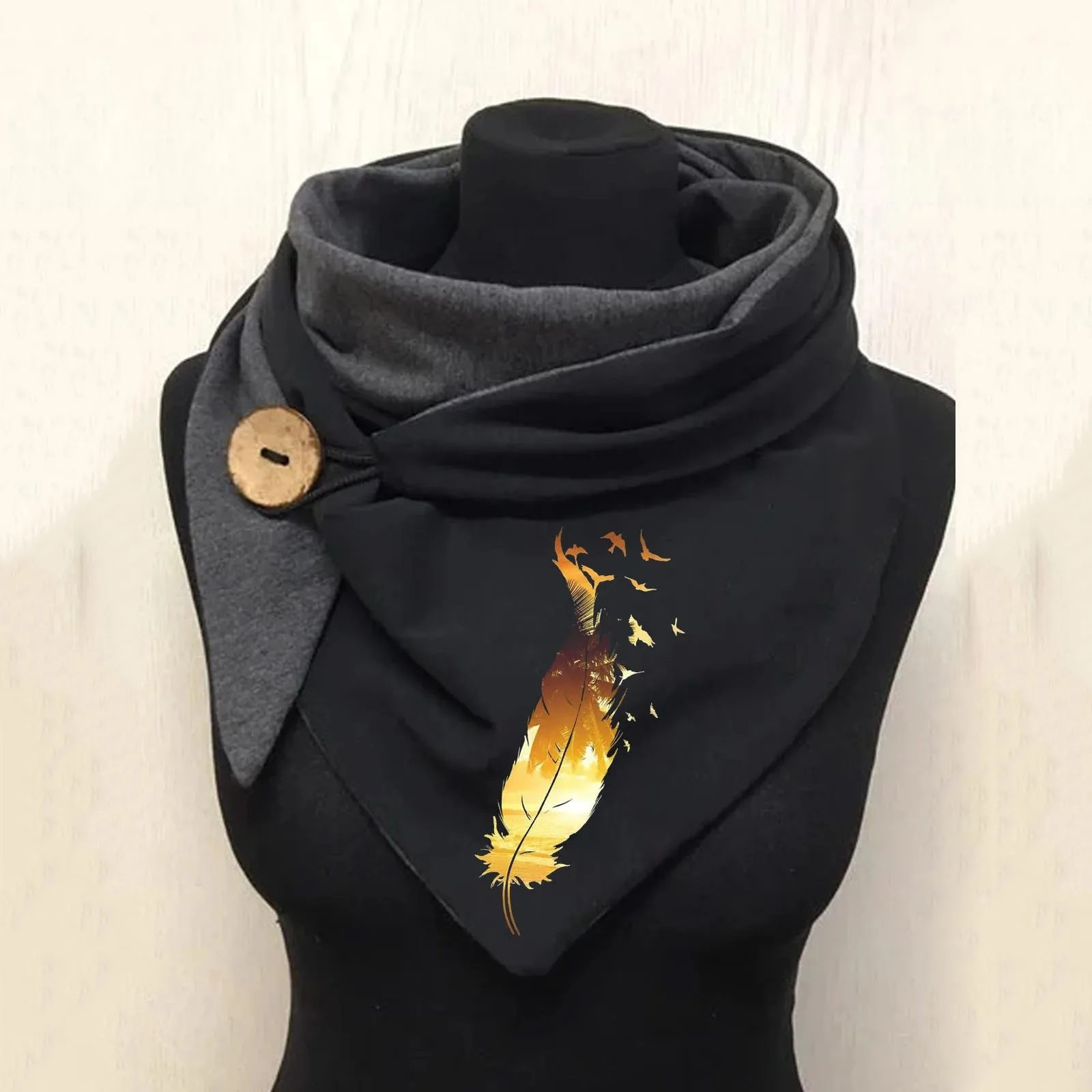 

Womens Cotton Scarf Winter Feather Pattern Print Loop Metal Button Shawls Thicken Thermal Warm Windproof Comfortable Wrap Scarf