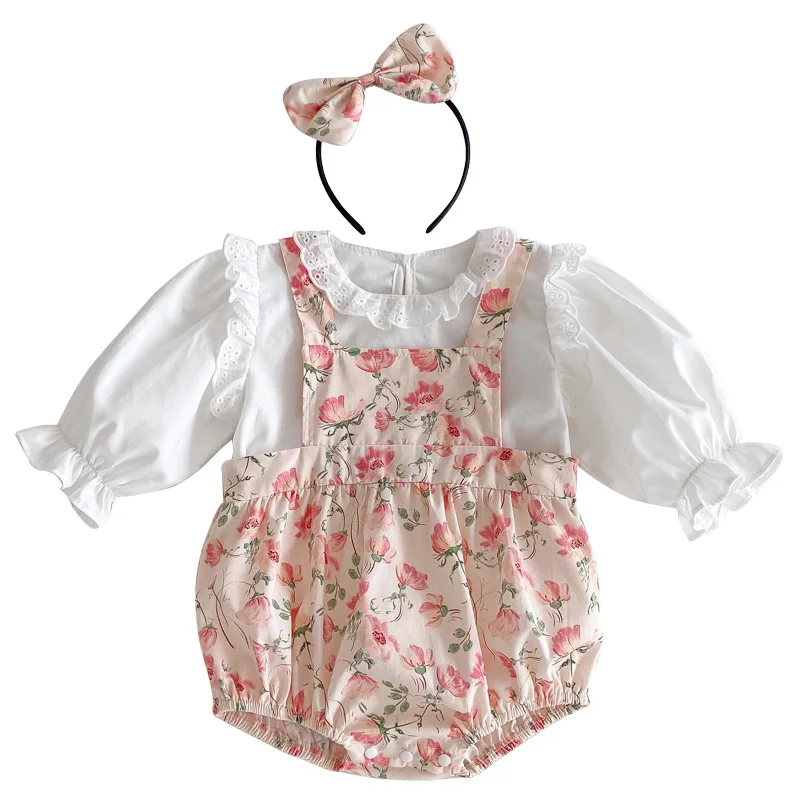 2025 Spring Autumn Baby Girls 2PCS Clothes Set Ruffle Solid Cotton Shirts Flower Printed Strappy Romper Suit Toddler Girl Outfit 5