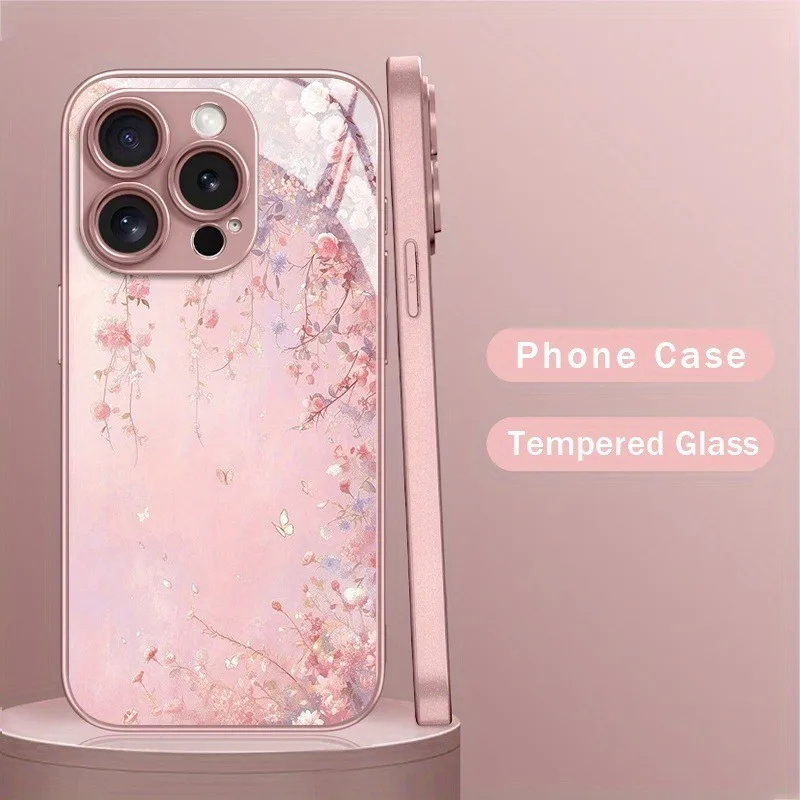 Oil Painting Pink Flowers Phone Case with Tempered Glass Cover