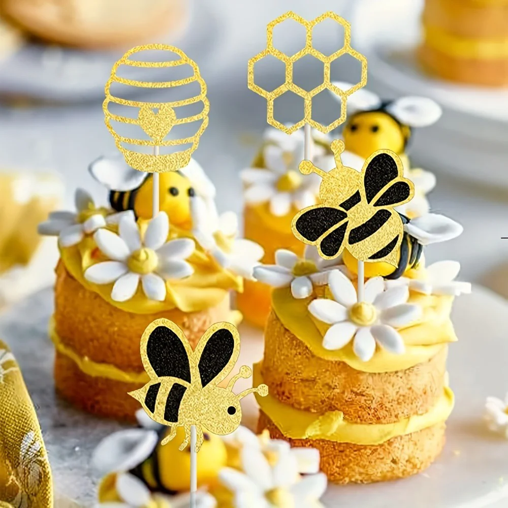 24pcs Shimmering Bumble Bee Cupcake Toppers - Glitter Gender Reveal Honeycomb Design - Birthday Party Cake Decorations Supplies