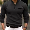 Spring Autumn Men's POLO Shirt Solid Color Zipper Everyday Casual Classic Comfort Fake Pockets High Quality Long Sleeve Tops 1