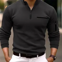 Spring Autumn Men's POLO Shirt Solid Color Zipper Everyday Casual Classic Comfort Fake Pockets High Quality Long Sleeve Tops 1