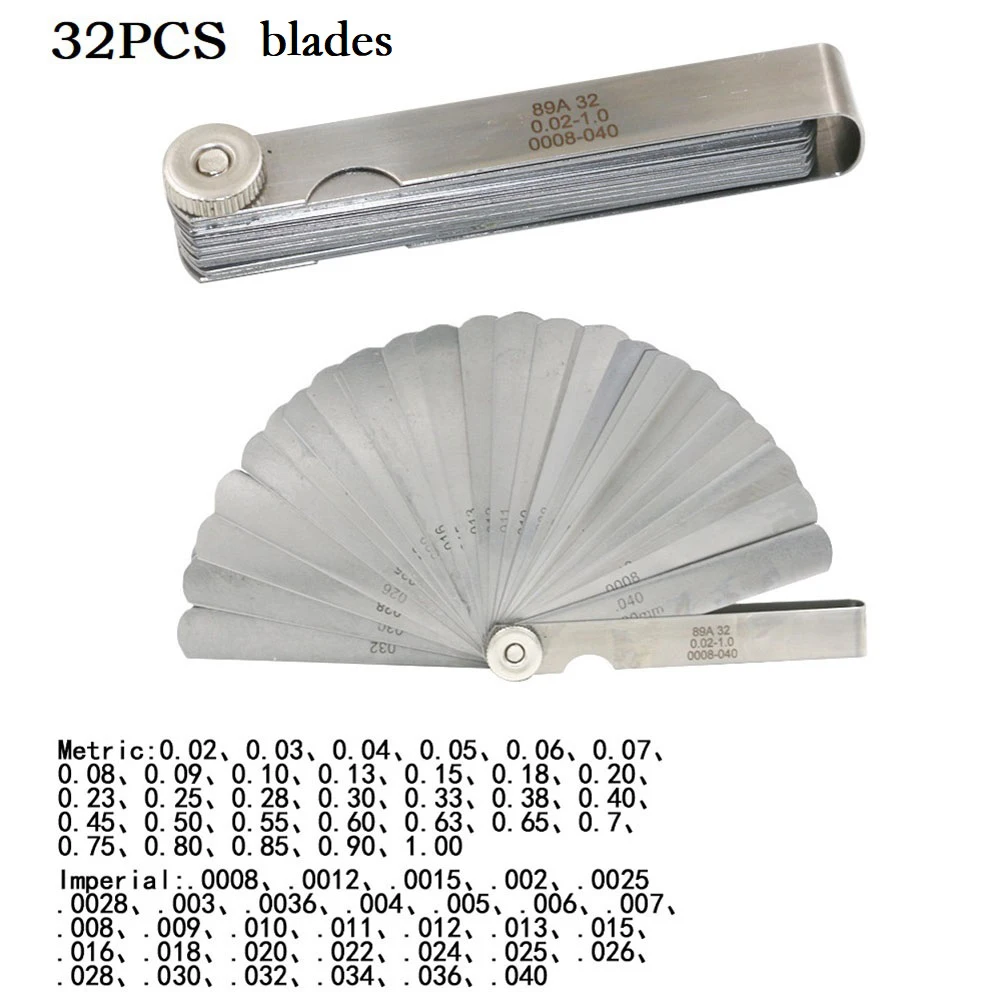 32 Blades Feeler Gauge Stainless Steel Metric 0.02-1.00mm Gap Measurement Tool for Engine Valve Adjustment