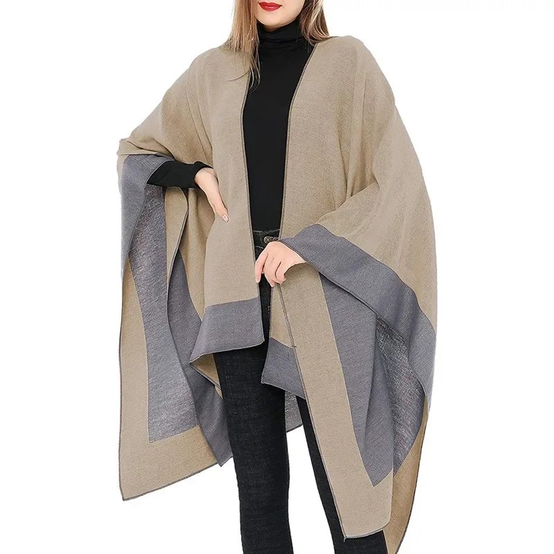 Solid Color Imitation Cashmere Forked Thickened Cloak Autumn Winter Women Warm All-Match Casual Loose Capes Plaid Travel Shawl