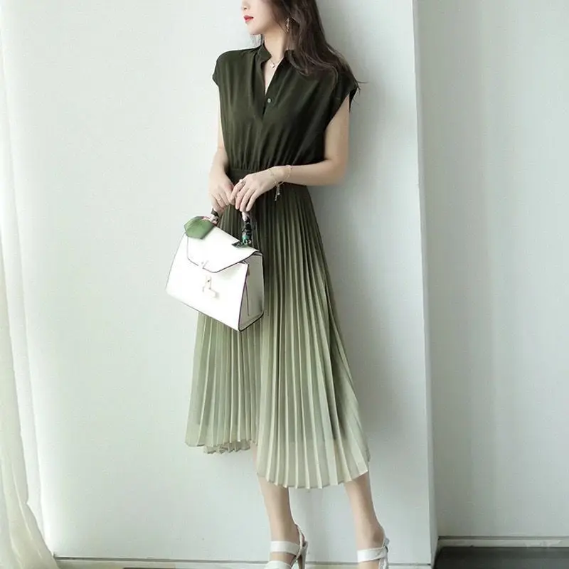 Summer Gradual green standing collar waist design pleated chiffon dress women's summer mid-length  vestido  V-Neck  Polyester