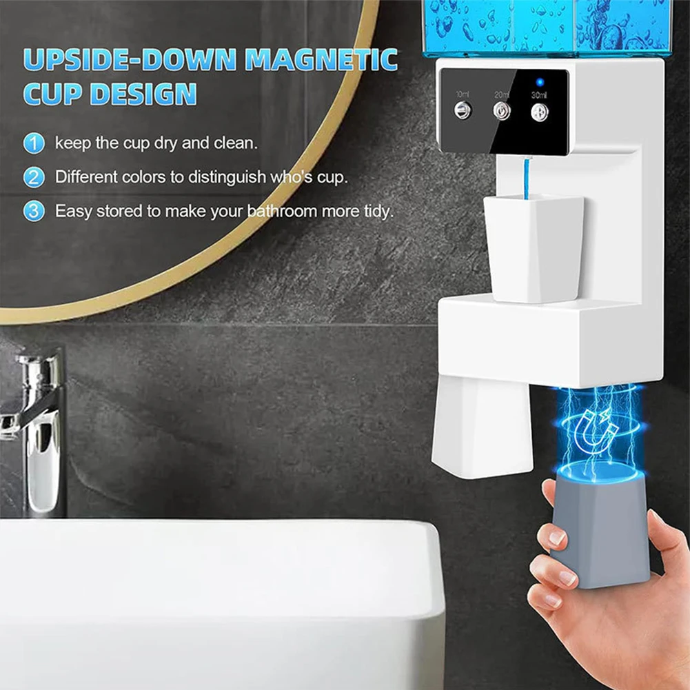 Automatic Mouthwash Dispenser With 2pcs Magnetic Cups For Household Oral Health Bathroom Wall Mounted 700ml 14.8x4.25x2.7inch 5